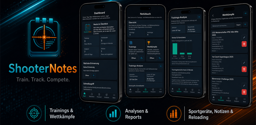 ShooterNotes App mit Dashboard, Notizbuch und Wettkaempfen